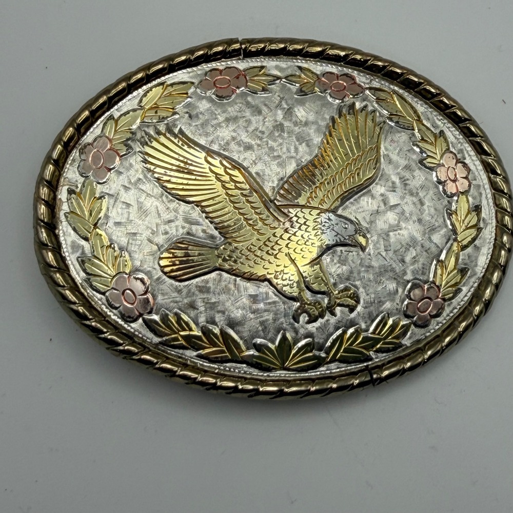 Vintage W Made in USA Eagle Belt Buckle Three Tone Floral Oval Western Silver